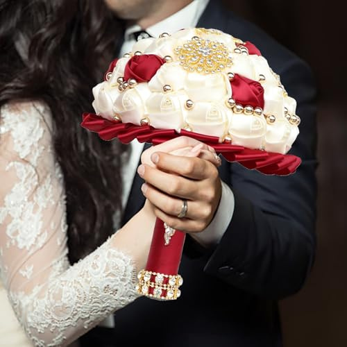 Bouquet da sposa, bouquet di rose artificiali in raso, bouquet da sposa, con strass dorati e ciondolo con perle, realizzato a mano, in seta bianca/filo di nylon (bianco-rosso)