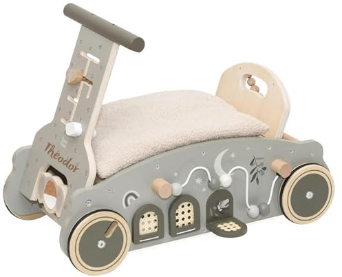 3in1 Lauflernwagen aus Holz personalisiert Olive – Lauflernhilfe, Rutscheauto & Wippe in einem – Montessori Motorikspiel – Stabiler Baby Schiebewagen für erste Schritte – Geschenk zum 1. Geburtstag