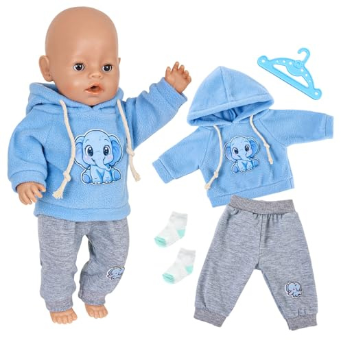 4 Stück Puppenkleidung für 35-43cm Baby Puppen, Süßes Puppenkleidung Outfit Blauer Elefant Hoodie Hose Socken Kleiderbügel 43cm Puppenkleidungsset Geschenke für Kinder Mädchen Jungen