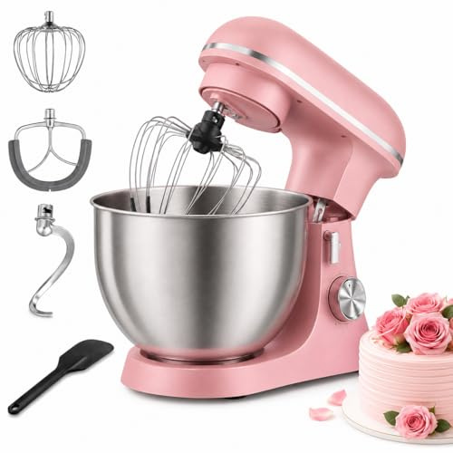 Robot Pâtissier 5L 1500W, 10 Vitesses + Pulse, Mouvement Planétaire 360°, Bol Inox avec Couvercle Anti-Éclaboussures, Batteur Électrique Cuisine Multifonction pour Pain, Pizza et Pâtisserie, Rose
