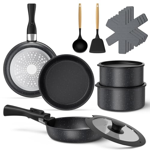 Gvdeirn Non Stick Pots and Pans Set 17pcs, 2 Frying Pans 3 Saucepans Detachable Handle, Induction Compatible, Oven Safe, Durable Cookware for Healthy Cooking, Black
