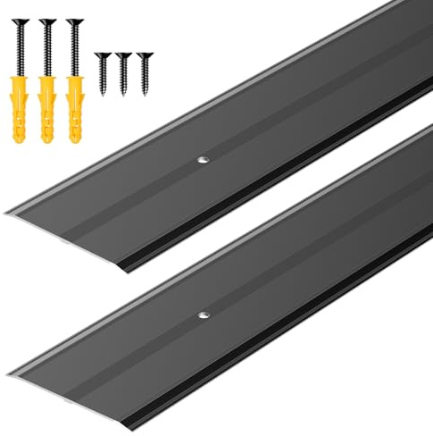 Raytano 36L×2.4W ×0.1H Flat Profile Aluminum Floor Transition Strip, Metal Door Threshold for Carpet Wood Tile Vinyl Flooring Gaps, Indoor and Outdoor Doorway Decoration Protector(Black,2pcs)