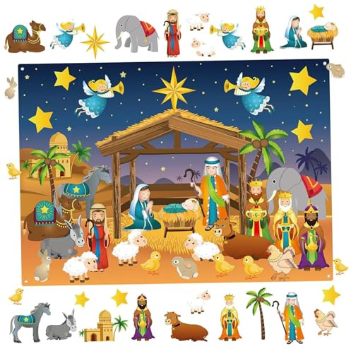 Hbbgdiy Tabellone con storie in Feltro Presepe di Natale Tabellone in Feltro per Bambini Kit Artigianale Nascita di Gesù Decorazione da Parete per Bambini Piccoli e attività Natalizie Classe