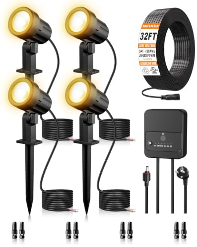 MEIKEE Gartenbeleuchtung Warmweiß 3 W 330 LM 12 V–24 V LED-Strahler 4 Stück | Gartenstrahler mit Transformator, Anschlüssen, 20 m Kabel, EU-Stecker, wasserdicht nach IP66 für Garten Wege Innenhöfe Bäume