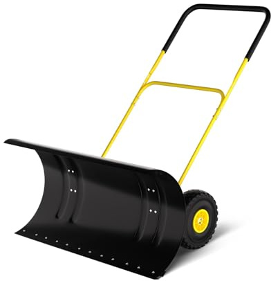 Garvee Pala Quitanieves con Ruedas de Acero al Carbono Empujador de Nieve Manual de Alta Resistencia Doble Mango Ergonómico para Calzadas y Patios Retirada Eficiente Hielo, 91.4 cm, Amarillo