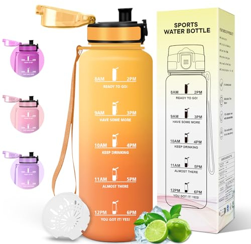 Motswedi Gourde Sport 1.5L, Anti-Fuite, Bouteille d'eau avec Marqueur de Temps, Motivation Bouteille Plastique, Gourde 1.5 Litre, pour Fitness, Sport, Yoga, Randonnée, Jaune ambre & Orange