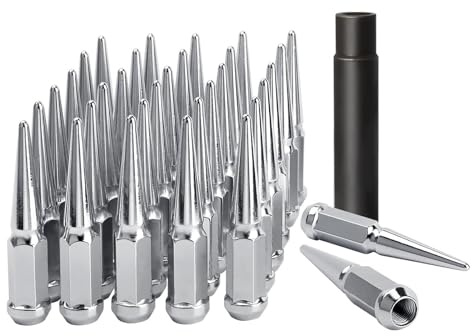 DYNOFIT 14mmx1.5 Spike Lug Nuts, 32PCS Chrome M14x1.5 Lug Nut, 4.4 inch Tall Closed End Nuts with 1 Socket Key Compatible with Chevy Silverado 1500 GMC Sierra 2500 3500,F250 F350 2003-2016
