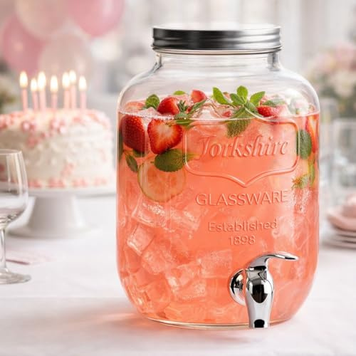 Getränkespender 8L Glas Transparent mit Zapfhahn & Metalldeckel, Wasserspender Getränkedispenser Saftspender Limonadenspender für Party, Buffet, Garten, Küche, BBQ, Hochzeit, Geburtstag