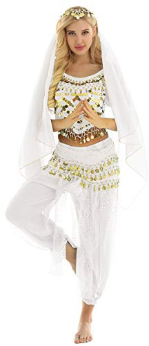 dPois Damen Bauchtanz Kostüm Sexy Tanzbekleidung Set Crop Top Hose Rock Kopftuch mit Pailletten Perlen Arabische Prinzessin Fasching Kostüm Weiß Einheitsgröße