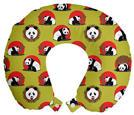 ABAKUHAUS Panda Cojín de Viaje para Soporte de Cuello, Palillos de bambú Grueso Animales, Viajes Siestas Leer Mirar TV, 30x30 cm, Amarillo Verde Vermilion