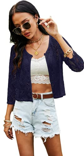 Ietaoo Boléro Femme Dentelle Cardigan Court avec Bouton Manches 3/4 Elégant Veste Boléro Gilet pour Été Printemps Automne Bleu Marine XL