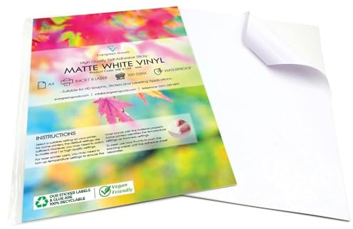 Evergreen Goods 30 Blatt A4 Weißes Wasserdicht Selbstklebend Stickerpapier | Matt Vinyl Pvc Papier | Für Tintenstrahl- & Laserdrucker | Kompatibel Mit Schneidemaschinen (Cricut & Silhouette)