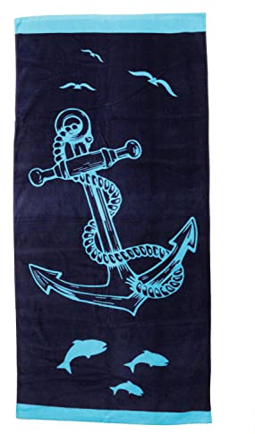 ELLUG Großes maritimes Handtuch, Badetuch Strandtuch 100% Baumwolle Velours und Frottee Urlaub 75 * 160cm (Anker)