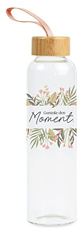 Grafik-Werkstatt Trinkflasche aus Glas mit lustigem Spruch | mit Griffschlaufe | 550 ml | Genieße den Moment Bunt