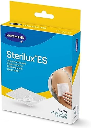 Sterilux ES sterile - Impacchi di garza, 17 fili, 8 strati, 100% cotone, assorbente, non si sfilacciano, 7,5 x 7,5 cm, 5 x 2 unità