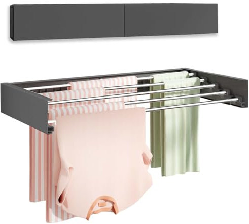 Vikaqi Wall Mounted Clothes Drying Rack 32, Foldable Wall Mount Laundry Rack Folding Indoor, Drying Rack Clothing Collapsible, Hidden Space Saver with Wall Template, 5 Rods, Black