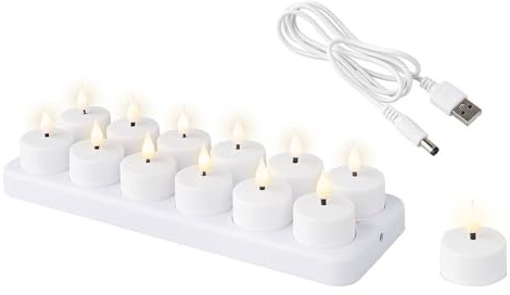 zeitzone LED Teelichter warmweiß 12 Stück Teelicht flackernd Aufladbar USB Ladestation