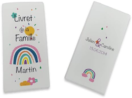 Livret de Famille personnalisé, idée cadeau personnalisable, cadeau mariage original, Protège Livret de Famille motif Arc en ciel - SP0107a (Blanc)