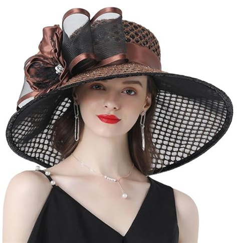 GIBZ Damen Mesh Fascinator Hüte mit Große Krempe Elegant 1920er Jahre Organza Sonnenhut für Teeparty Kirche Hochzeit, Braun