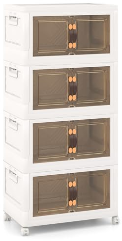 GOPLUS Aufbewahrungsbox mit Deckel, stapelbarer Aufbewahrungsschrank mit Rollen & Handgriff, Klappbox Schuhboxen Ordnungsboxen für Wohnzimmer & Schlafzimmer (L, 4 Ebenen)