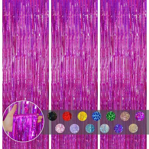 COSORO 3 pezzi Tenda di Lametta Rosa Acceso Glitterata Sfondo Porta in Lamina, 3,2ft x 6,5ft Decorazioni con Frange Serpentine Luccicanti e Nappe per Compleanno Ragazze Addio al Nubilato Festa Barbie
