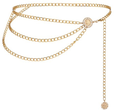 JIEYAO Taillenkette für Damen,Metall Kettengürtel Mehrschichtig Verstellbarer Körperkette Vintage Hüftkette Bauchkette Taille Kette für Damen Mädchen Kleid Jeans (Gold,105cm/41.3in)
