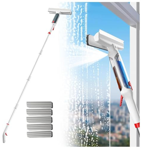 RYJYQYX Spruzzo 4 in 1 Lavavetri con Asta di Prolunga(190cm), Lavavetri Professionale con Raccoglitore Acque Nere E 5 Panni Tergivetro Professionale per Bagni,Finestre,Specchi