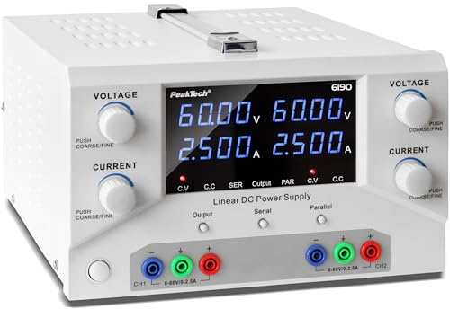 PeakTech, 6190, Fuente de alimentación de laboratorio 2 x 0, 60 V / 0, 2,5 A DC Fuente de alimentación lineal SELV con transformador de aislamiento, fuente de alimentación doble de laboratorio