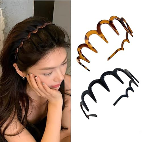 Cubahop 2 Stück Zickzack-Stirnband mit Zähnen, Zahnhaarband, Kunststoff, gewellter Haarkamm, Kunststoff-Stirnband für Damen, Haarschmuck, Schwarz und Tort