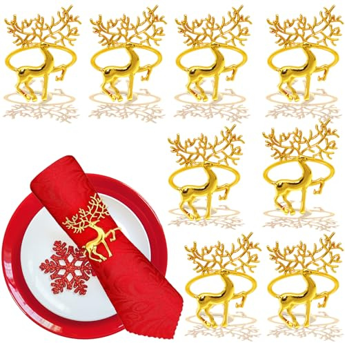 Serviettenringe Weihnachten Rentier, FainFun 8 Stuck Serviettenhalter Rentier, 4CM Serviettenringe mit Hirsch, für Weihnachten Mittagessen Thanksgiving Party Urlaub Hochzeit Tischdekoration (Gold)