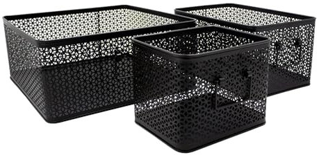 Box and beyond - Lot de 3 Paniers de Rangement - 32 x 32 x 14 cm - Métal Noir - Motif Cannage - Rangement, Déco - Cuisine, Séjour, Salle de bain, Salon, Chambre - Style Moderne et Chic
