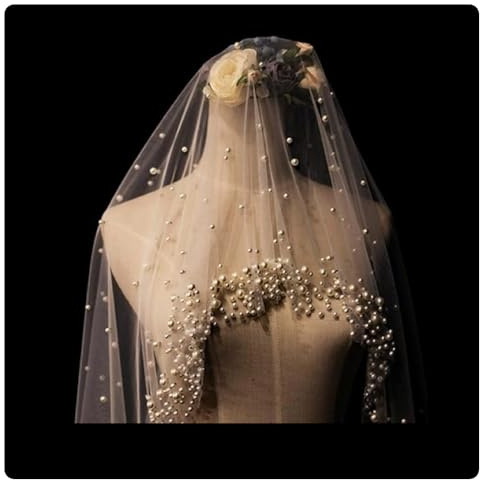QDMHA 300 cm weißer Perlen-Kathedralen-Brautschleier, einlagig mit Kamm, Langer Hochzeitsschleier mit Perlen, Elegantes Brautaccessoire