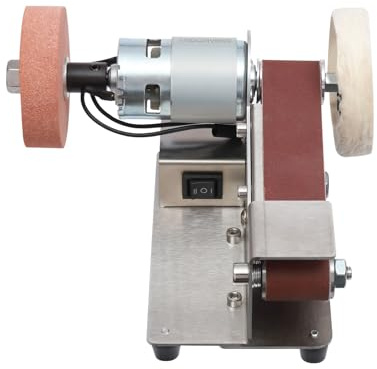 RjcdOPL Mini Ponceuse à Bande 150 W avec Meule et Roue en Tissu, 7 Vitesses Réglables, Angle Table de Travail Ajustable, Idéale pour Aluminium, Céramique, Verre, Bois