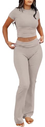 IWOLLENCE Lounge Set de dos piezas para mujer, traje de casa de manga corta, parte superior con cintura elástica ancha, pantalones de bateo, pardo, M