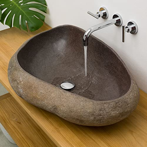 Lavabo in pietra naturale con bordo naturale, 70 cm, ovale, grigio, in pietra, per il bagno