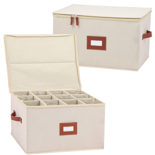 Daomaa Stemware Storage Cases 2 Pack, Wine Glass Storage Box with Dividers for 24 Glassware or Crystal, Moving Supplies, China Storage Containers, Hard Top, Sides and Stackable (Beige)