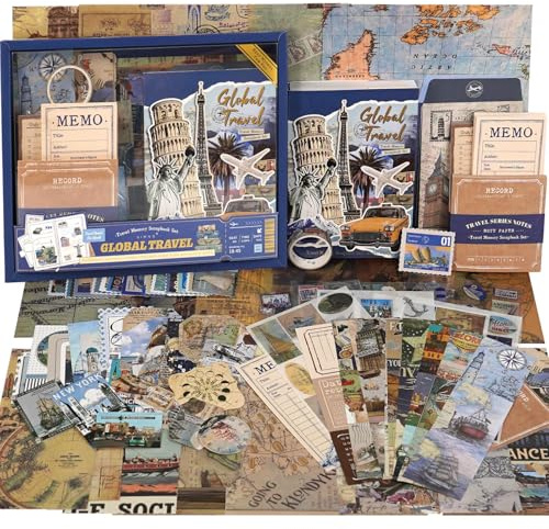 Funto Scrapbooking Kit (154 PCs), Travel Meory-Serie-Global-Reise, perfekt für Kugel Scrapbooking-Materialien, Planer DIY Arts Craft Collage