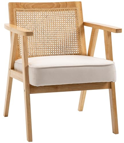 HOMCOM Sessel Relaxsessel Armlehnenstuhl, Rattan-Rückenlehne Creme | Sitzkissen, Leinen-Optik, Holzrahmen, für Wohnzimmer, Schlafzimmer