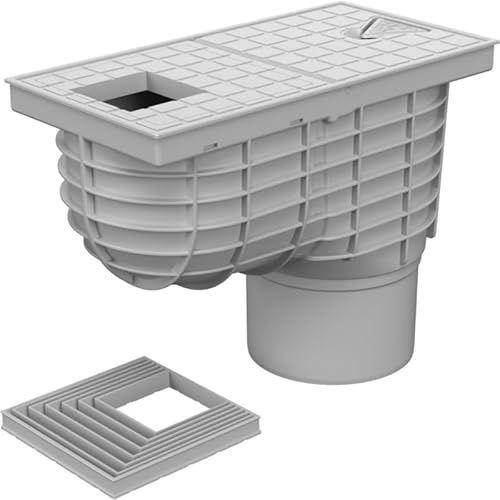 SaniVia Gully DN 125 | Scarico per grondaia con Coperchio Quadrato e Tappo antiodore | Connettore per Tubo di Scarico 75 – 125 mm | Classe di carico K3 | Scivolo Inferiore D125 | Grigio