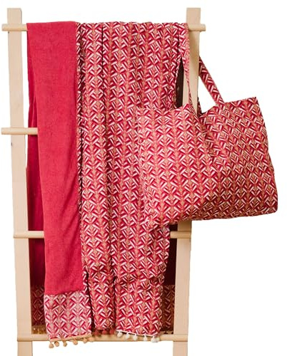 TRAMAS+ Set Toalla Pareo y Bolso a Juego, Toalla de Playa, Bolso con Estampado, Ideal para Verano, Playa, Piscina y Vacaciones - Eloina Marsala
