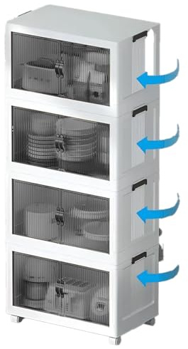 4-delad rullcontainer-organisatör – stapelbart plasthyllsystem med hjul och magnetlås – vit, 4 våningar, B/H/D 102 x 101 x 105 cm