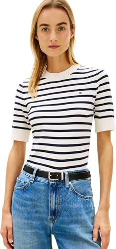 Tommy Hilfiger Jersey Mujer Jersey Manga Corta, Multicolor (Ivory Petal/Dark N Navy STP), S