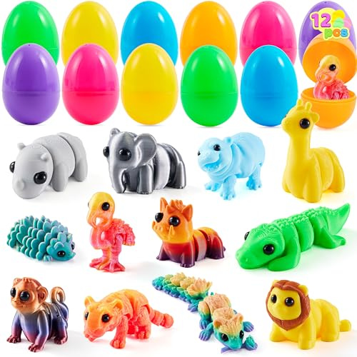 JOYIN 12 huevos de Pascua prellenados con animales salvajes impresos en 3D, juguetes articulados, juguetes impresos en 3D, relleno de cesta para niños y niñas, regalos de fiesta, búsqueda de huevos de