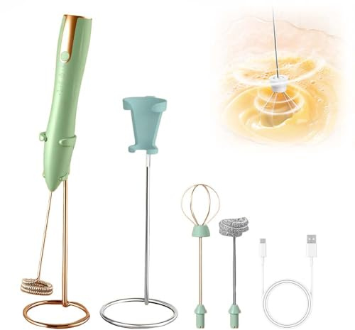 Elektrische Milchaufschäumer, Handheld Milchschäumer Stab für Kaffee, Wiederaufladbarer Milchaufschäumer, Tragbarer Mixer Milk Frother Mit 2 Ersatzköpfen für Matcha, Latte, Luna (Grün)