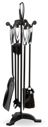 CAPRICAN 5 Piece Black & Chrome Loop Handle Companion Set – Fireplace Tool Set with Tongs, Brush, Poker & Shovel – Modern Fireside Accessories with Stand (FIRE59)