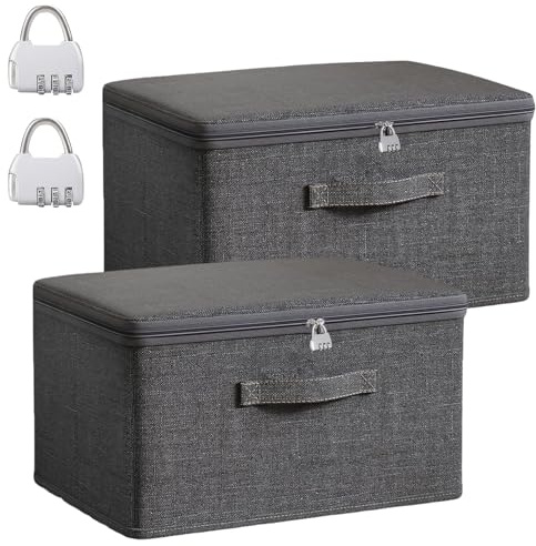 Xtrillogen 2 Stück Abschließbare Box,Aufbewahrungsbox mit Deckel Stoff,Faltbare Kiste mit Schloss,Griff,Reißverschluss,Grau Organizer Box,Aufbewahrungsbox Klein für Bettdecken,Kleidung (S)