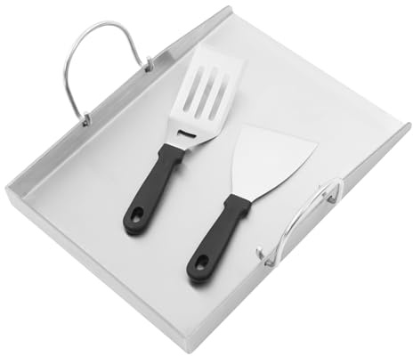 Plaque de cuisson en acier inoxydable avec 2 spatules - 40 x 30 cm - Plancha pour induction, barbecue à gaz et charbon de bois - Plaque teppanyaki inoxydable pour steak, légumes et barbecue - Avec