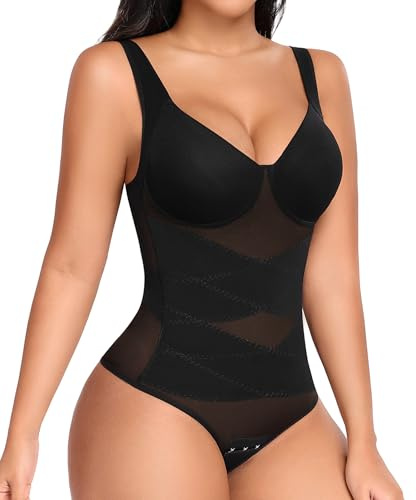 UMIPUBO Shapewear Bodysuit Tummy Control Body Shaper for Women Wide Straps Bodysuits Shaping Mesh Waist Trainer Thong V Neck Sculpting Seamless Slimming Butt Lifter Removable Pads Underwear