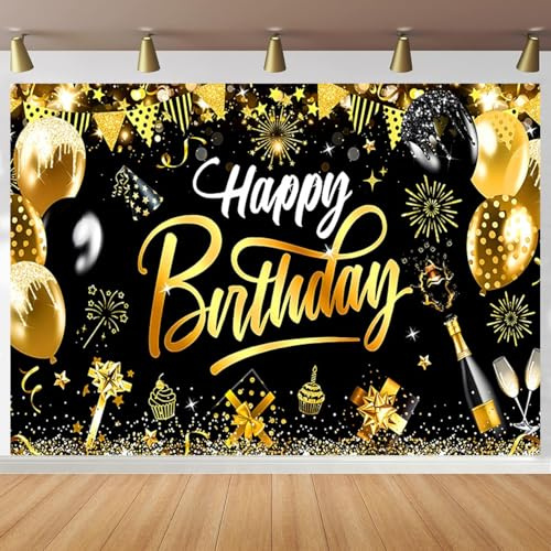 ASDCXZ Födelsedagsfotobakgrund i svart guld 18 x 15 cm, glitter guld fyrverkerier ballong champagne fotografi bakgrund för kvinnor män födelsedagsfest bord tårtdekoration banderoller tillbehör