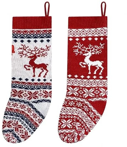 Christmas Stocking Pendants, 2 Pack Red & White Hanging Ornaments with Reindeer Design, for Mantel Fireplace Xmas Tree Decor, Holiday Party Hanging Decorations, Stocking Stuffers Gift Ideas